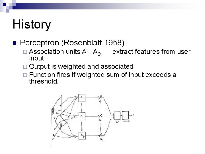 History n Perceptron (Rosenblatt 1958) ¨ Association units A 1, A 2, … extract