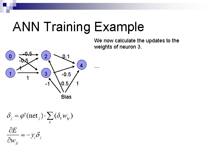 ANN Training Example We now calculate the updates to the weights of neuron 3.