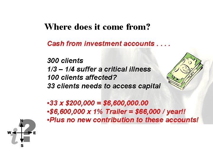 Where does it come from? Cash from investment accounts. . 300 clients 1/3 –
