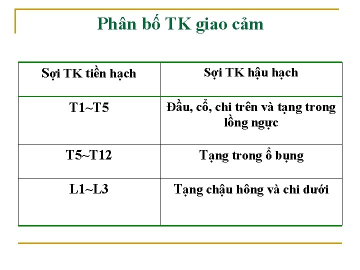 Phân bố TK giao cảm Sợi TK tiền hạch Sợi TK hậu hạch T