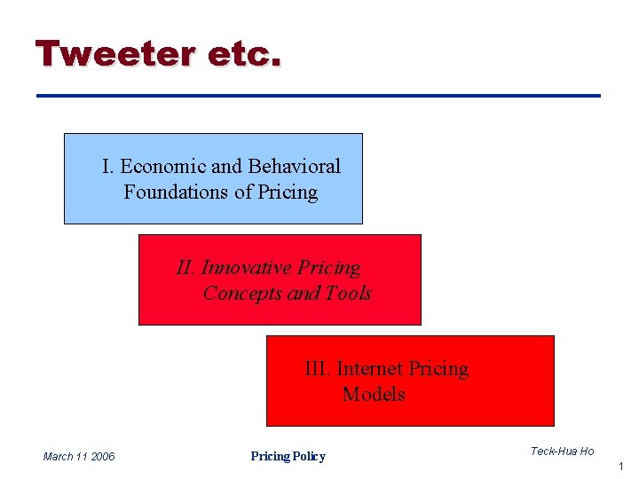 Tweeter etc. I. Economic and Behavioral Foundations of Pricing II. Innovative Pricing Concepts and