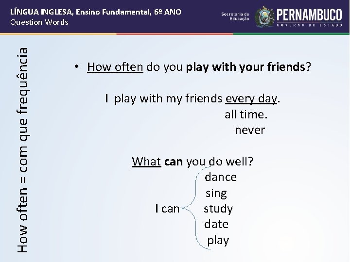 How often = com que frequência LÍNGUA INGLESA, Ensino Fundamental, 6º ANO Question Words