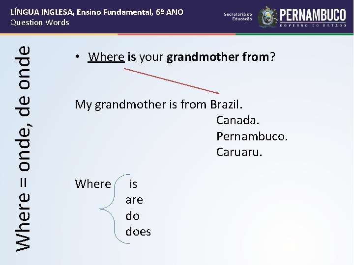 Where = onde, de onde LÍNGUA INGLESA, Ensino Fundamental, 6º ANO Question Words •