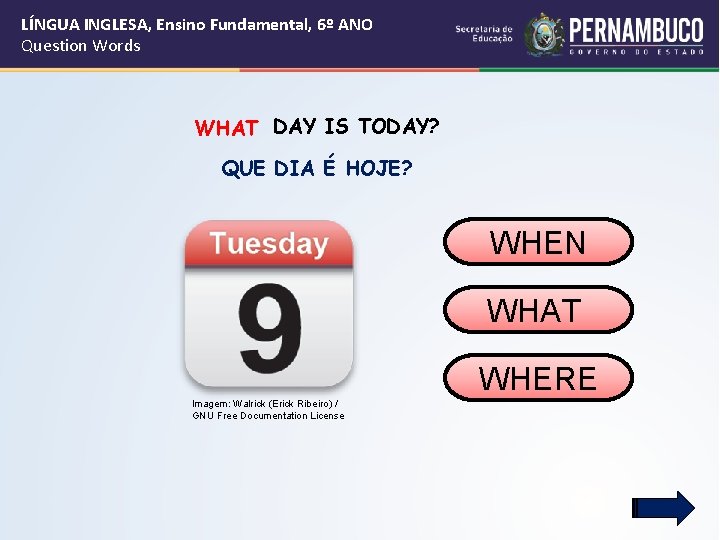 LÍNGUA INGLESA, Ensino Fundamental, 6º ANO Question Words WHAT DAY IS TODAY? QUE DIA