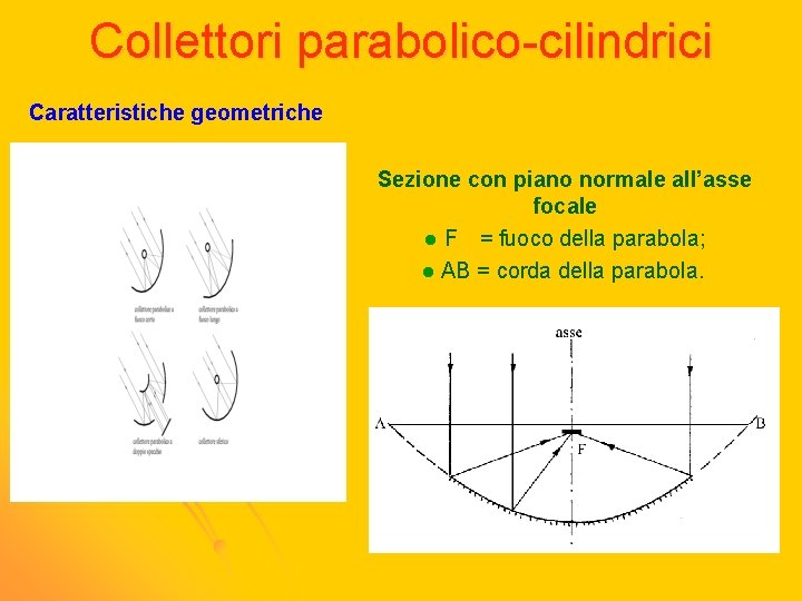 Collettori parabolico-cilindrici Caratteristiche geometriche Sezione con piano normale all’asse focale l F = fuoco