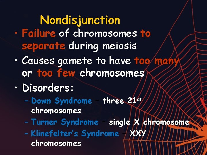 Nondisjunction • Failure of chromosomes to separate during meiosis • Causes gamete to have