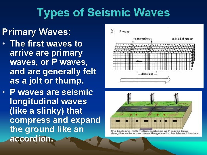 Types of Seismic Waves Primary Waves: • The first waves to arrive are primary