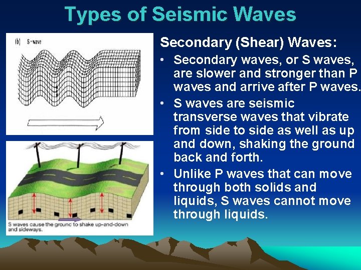 Types of Seismic Waves Secondary (Shear) Waves: • Secondary waves, or S waves, are