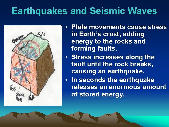 Earthquakes and Seismic Waves • Plate movements cause stress in Earth’s crust, adding energy