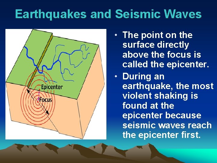 Earthquakes and Seismic Waves • The point on the surface directly above the focus
