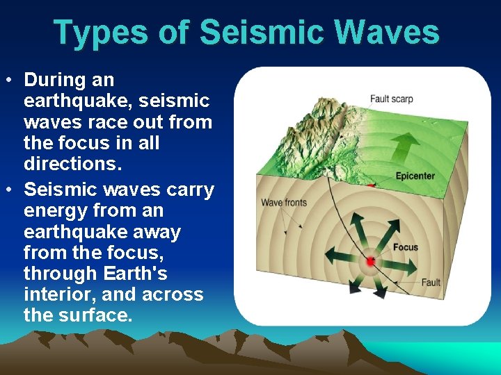 Types of Seismic Waves • During an earthquake, seismic waves race out from the