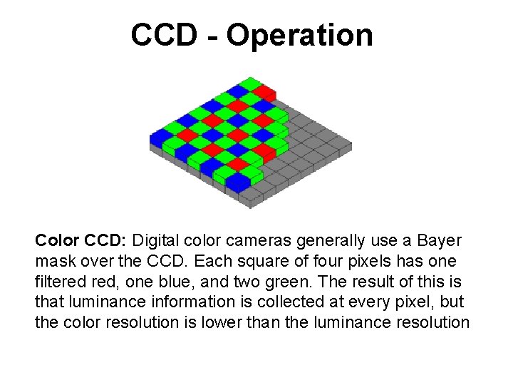 CCD - Operation Color CCD: Digital color cameras generally use a Bayer mask over