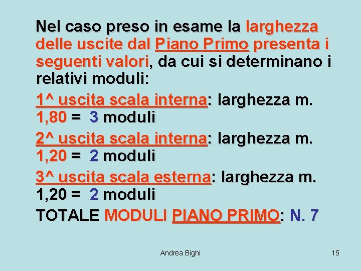 Nel caso preso in esame la larghezza delle uscite dal Piano Primo presenta i