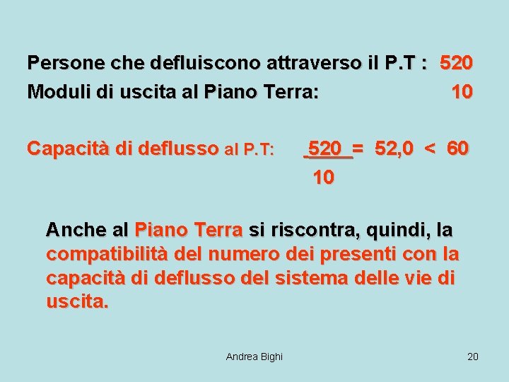 Persone che defluiscono attraverso il P. T : 520 Moduli di uscita al Piano