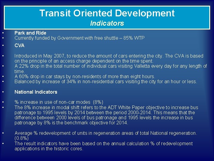 Transit Oriented Development Indicators • • Park and Ride Currently funded by Government with