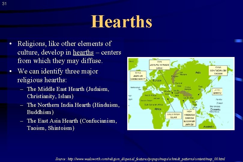 31 Hearths • Religions, like other elements of culture, develop in hearths – centers
