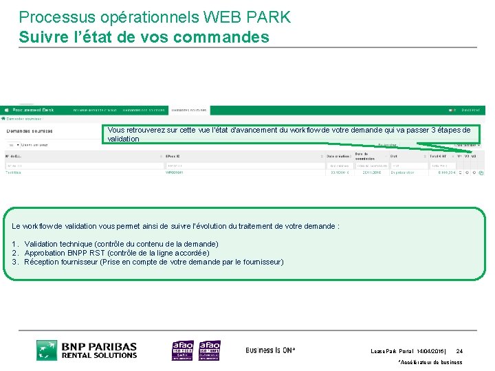 Processus opérationnels WEB PARK Suivre l’état de vos commandes Vous retrouverez sur cette vue