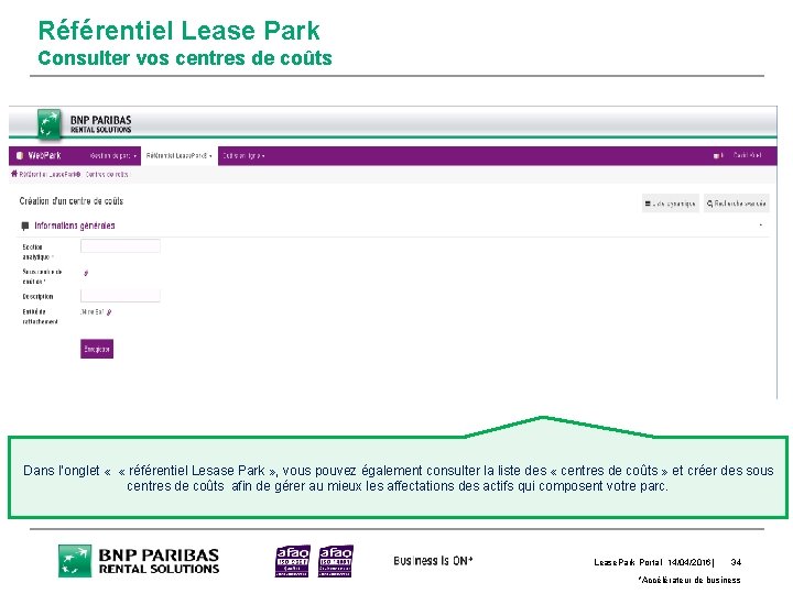 Référentiel Lease Park Consulter vos centres de coûts Dans l’onglet « « référentiel Lesase