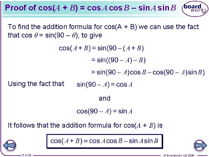 Proof of cos(A + B) = cos A cos B – sin A sin
