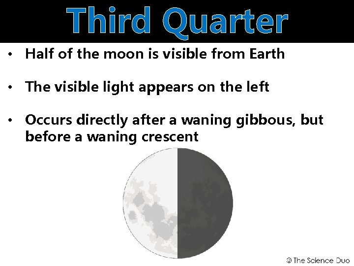 Third Quarter • Half of the moon is visible from Earth • The visible