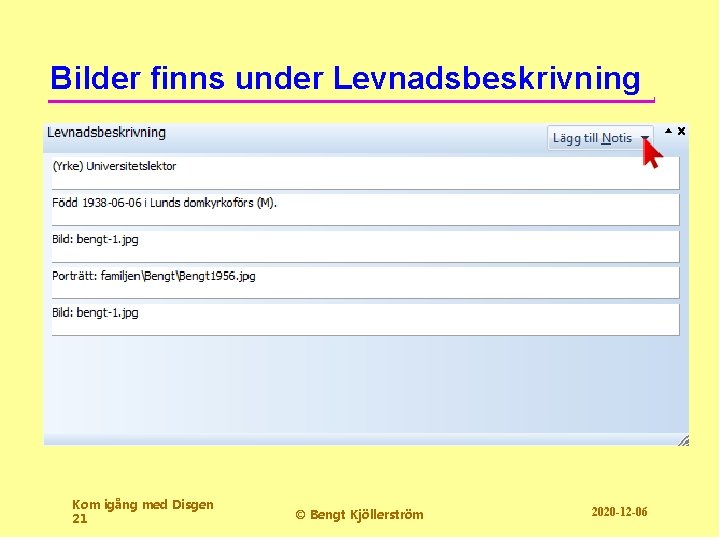 Bilder finns under Levnadsbeskrivning Kom igång med Disgen 21 © Bengt Kjöllerström 2020 -12