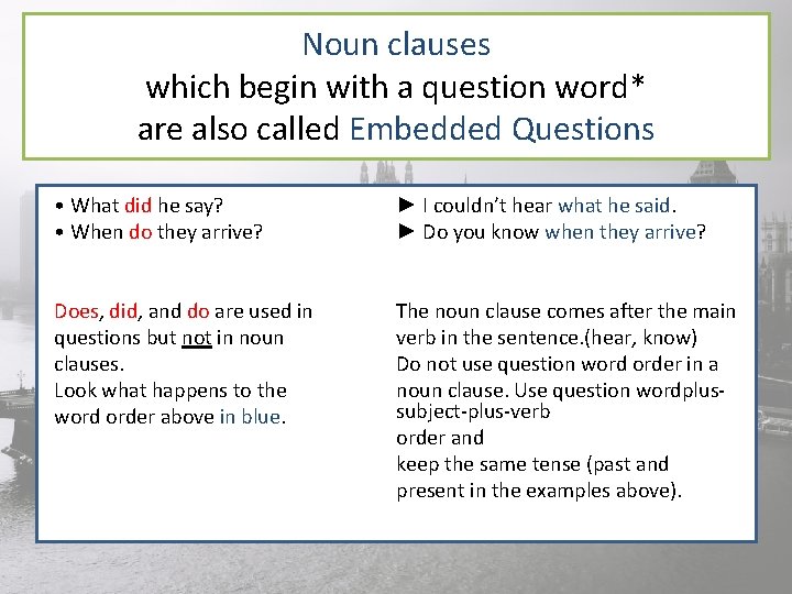 Noun clauses which begin with a question word* are also called Embedded Questions •