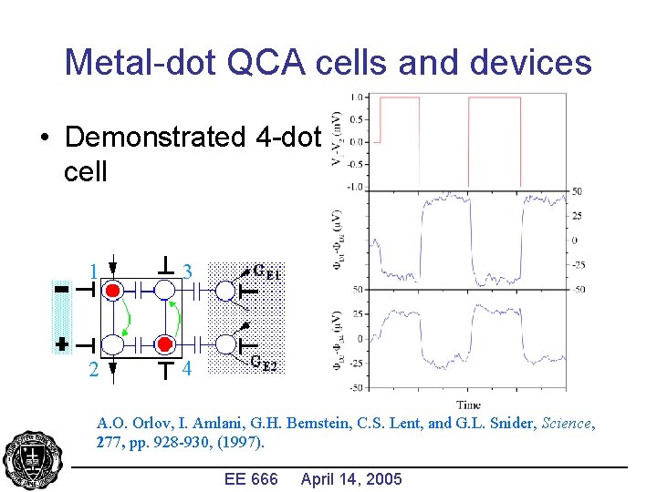 Metal-dot QCA cells and devices • Demonstrated 4 -dot cell 1 3 2 4
