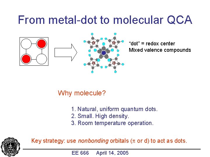 From metal-dot to molecular QCA “dot” = redox center Mixed valence compounds Why molecule?