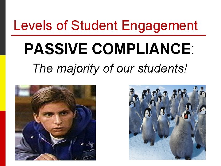 Levels of Student Engagement PASSIVE COMPLIANCE: The majority of our students! 