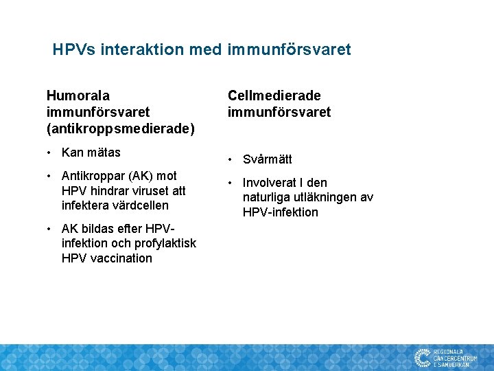 HPVs interaktion med immunförsvaret Humorala immunförsvaret (antikroppsmedierade) • Kan mätas • Antikroppar (AK) mot HPVs interaktion med immunförsvaret Humorala immunförsvaret (antikroppsmedierade) • Kan mätas • Antikroppar (AK) mot