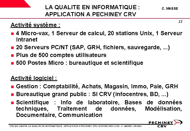 LA QUALITE EN INFORMATIQUE : APPLICATION A PECHINEY CRV C. MASSE 11 Activité système LA QUALITE EN INFORMATIQUE : APPLICATION A PECHINEY CRV C. MASSE 11 Activité système