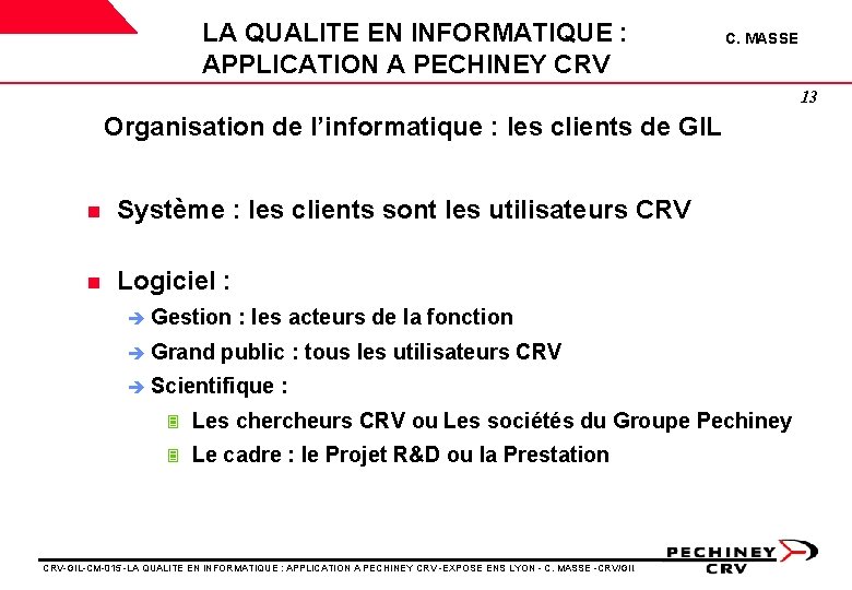 LA QUALITE EN INFORMATIQUE : APPLICATION A PECHINEY CRV C. MASSE 13 Organisation de LA QUALITE EN INFORMATIQUE : APPLICATION A PECHINEY CRV C. MASSE 13 Organisation de