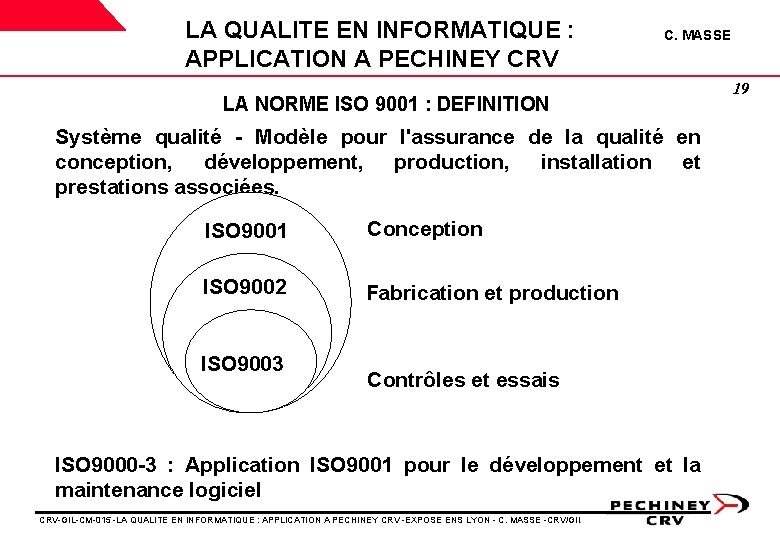 LA QUALITE EN INFORMATIQUE : APPLICATION A PECHINEY CRV C. MASSE LA NORME ISO LA QUALITE EN INFORMATIQUE : APPLICATION A PECHINEY CRV C. MASSE LA NORME ISO