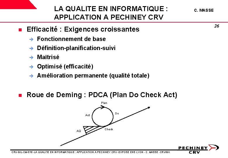 LA QUALITE EN INFORMATIQUE : APPLICATION A PECHINEY CRV n n Efficacité : Exigences LA QUALITE EN INFORMATIQUE : APPLICATION A PECHINEY CRV n n Efficacité : Exigences