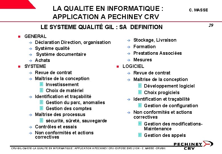 LA QUALITE EN INFORMATIQUE : APPLICATION A PECHINEY CRV C. MASSE LE SYSTEME QUALITÉ LA QUALITE EN INFORMATIQUE : APPLICATION A PECHINEY CRV C. MASSE LE SYSTEME QUALITÉ