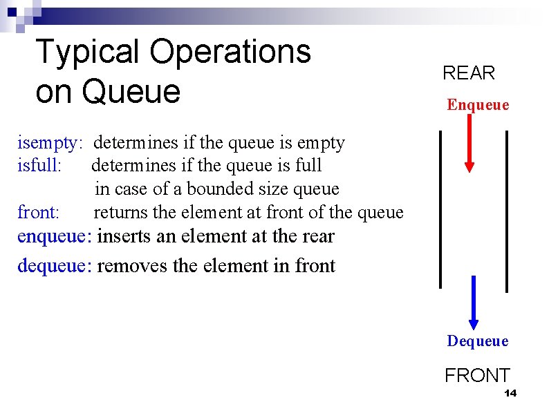 Typical Operations on Queue REAR Enqueue isempty: determines if the queue is empty isfull: