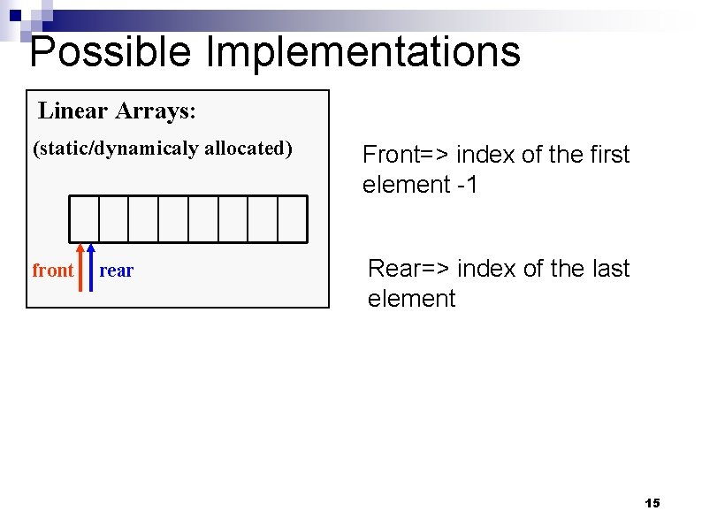 Possible Implementations Linear Arrays: (static/dynamicaly allocated) Front=> index of the first element -1 front