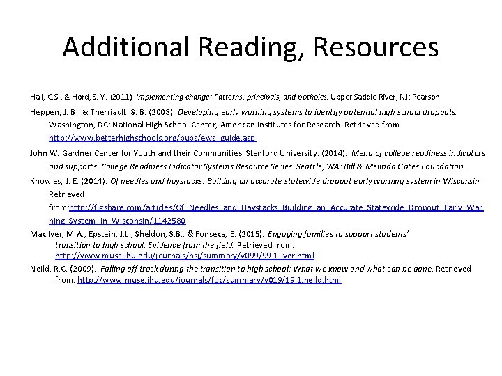 Additional Reading, Resources Hall, G. S. , & Hord, S. M. (2011). Implementing change: