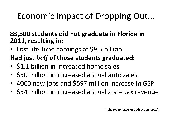 Economic Impact of Dropping Out… 83, 500 students did not graduate in Florida in