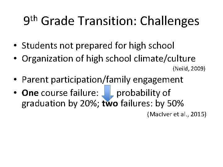 9 th Grade Transition: Challenges • Students not prepared for high school • Organization