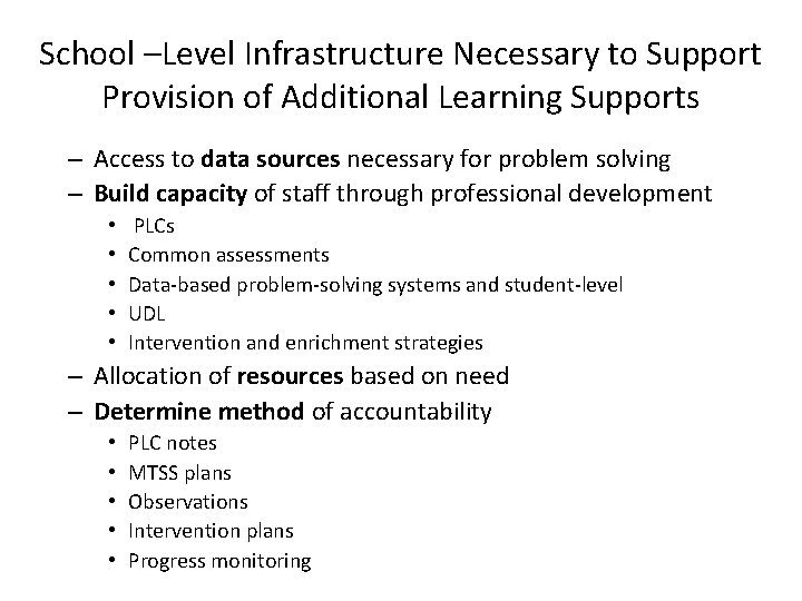 School –Level Infrastructure Necessary to Support Provision of Additional Learning Supports – Access to