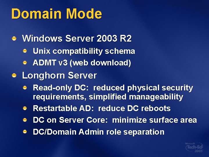 Domain Mode Windows Server 2003 R 2 Unix compatibility schema ADMT v 3 (web