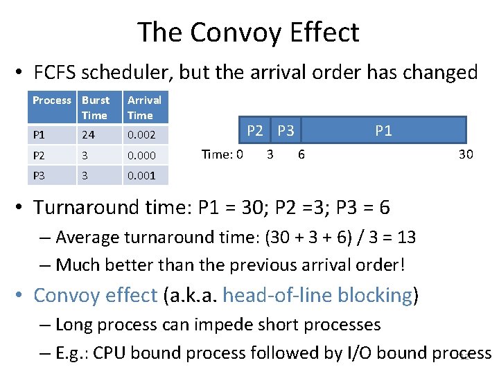 The Convoy Effect • FCFS scheduler, but the arrival order has changed Process Burst