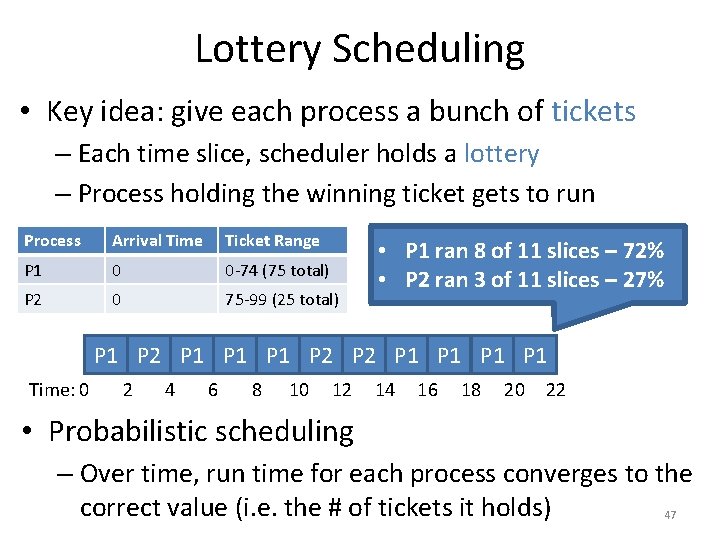 Lottery Scheduling • Key idea: give each process a bunch of tickets – Each