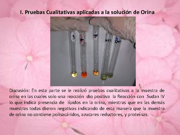 I. Pruebas Cualitativas aplicadas a la solución de Orina Discusión: En esta parte se