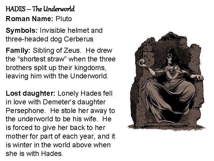 HADES – The Underworld Roman Name: Pluto Symbols: Invisible helmet and three-headed dog Cerberus