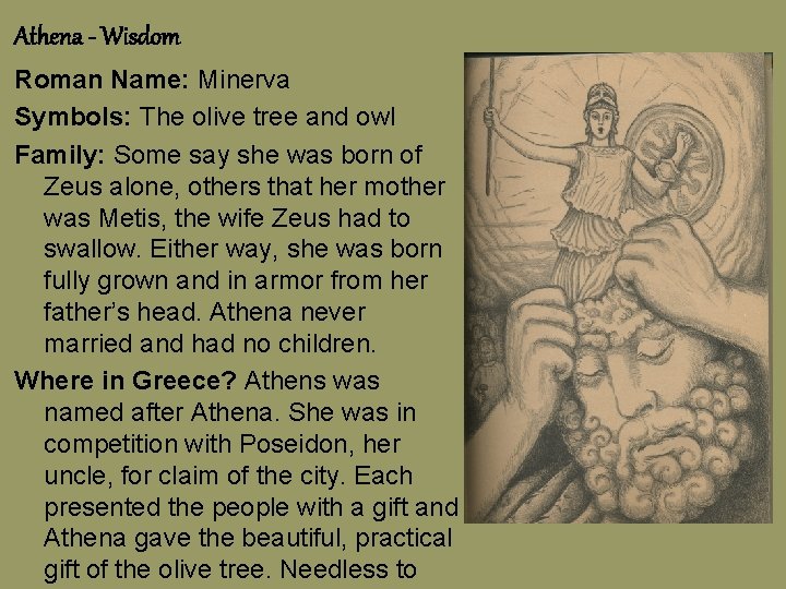 Athena - Wisdom Roman Name: Minerva Symbols: The olive tree and owl Family: Some