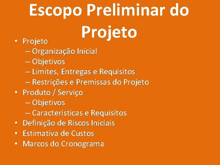 Escopo Preliminar do Projeto • • – Organização Inicial – Objetivos – Limites, Entregas