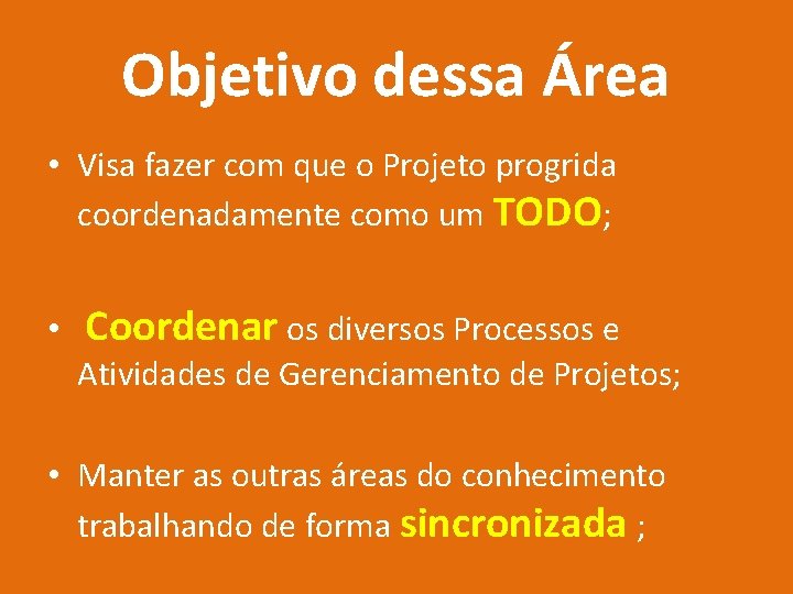 Objetivo dessa Área • Visa fazer com que o Projeto progrida coordenadamente como um