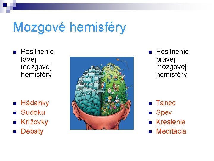 Mozgové hemisféry n Posilnenie ľavej mozgovej hemisféry n Posilnenie pravej mozgovej hemisféry n Hádanky